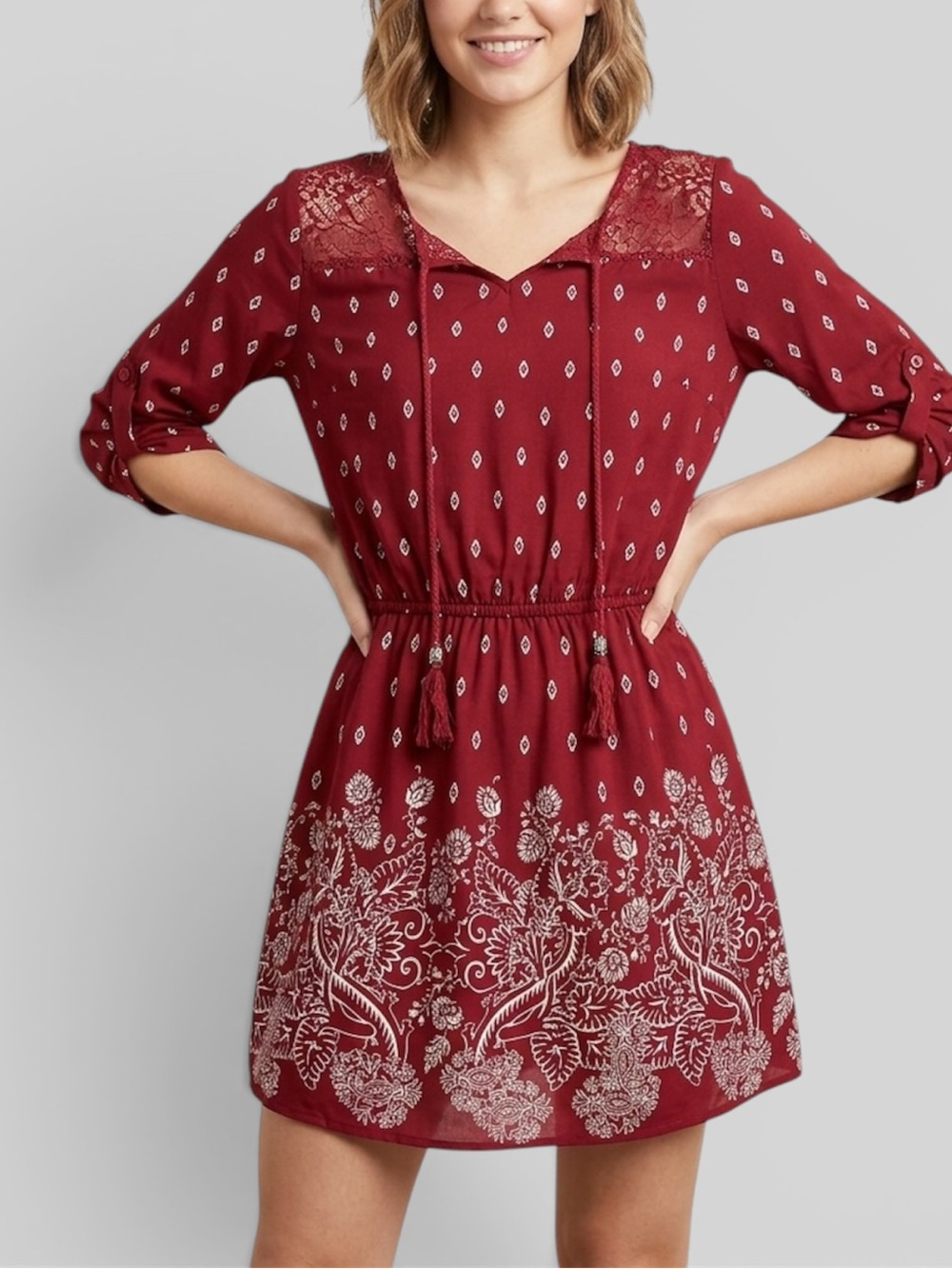Boho Cottagecore Paisley Mini Dress | Romantic Indie Festival Red Dress